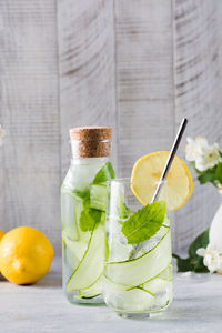 Detox water with cucumber, mint and lemon juice. cucumber water.