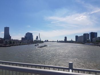 River by cityscape against sky