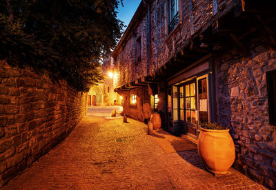 Illuminated street amidst buildings at night