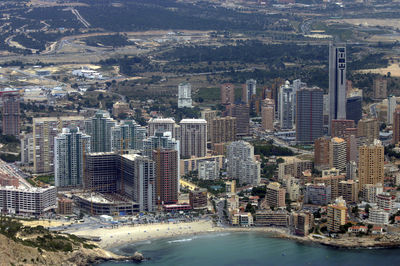 View from an airplane of the magnificent and touristic mediterranean city of benidorm.