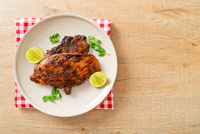 High angle view of food in plate on table