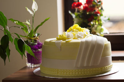 Close-up of cake served on table