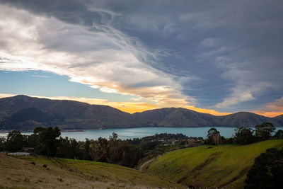 Scenic view of lake against sky during sunset