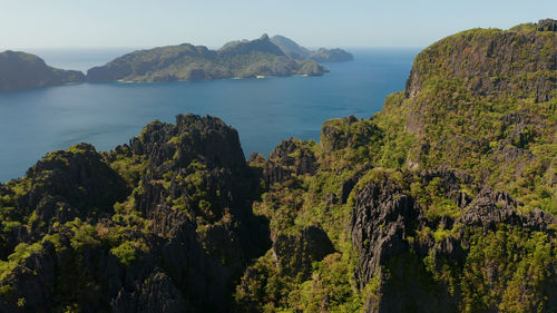 Aerial view of bay and the tropical islands. seascape with tropical rocky islands