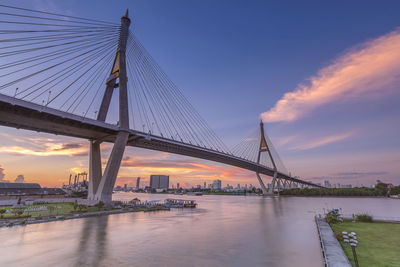 Suspension bridge over river in city