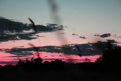 Silhouette trees on landscape against sky at sunset