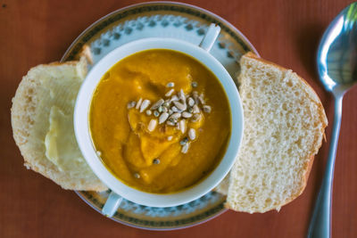 High angle view of soup in bowl on table