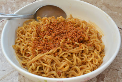 High angle view of noodles in bowl
