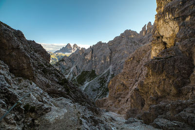 Cadini di misurina and alpine mountain path bonacossa, trentino, italy