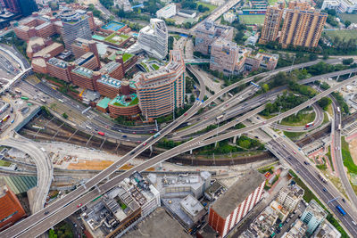 Aerial view of elevated road and modern buildings in city