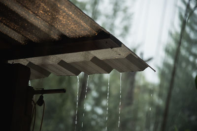 Low angle view of water dripping from roof during rain