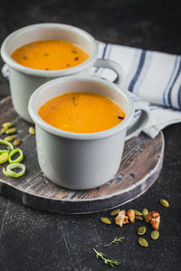 High angle view of soup in bowl on table