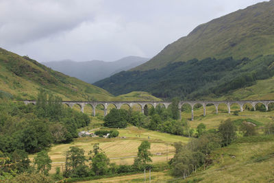 Scenic view of field and mountains against sky