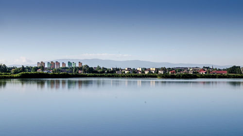 Reflection of buildings in lake