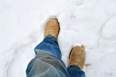 Low section of man walking on snowy field