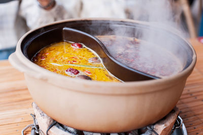 High angle view of soup in bowl on table