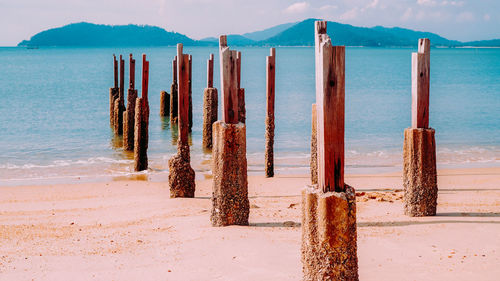 Close-up of deck chairs on beach against sky