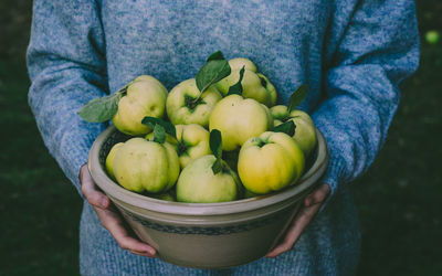 Close-up of woman holding fruits in container