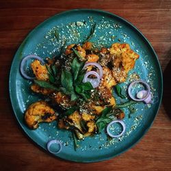 High angle view of food in plate on table