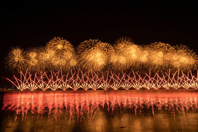 Firework display over river against sky at night