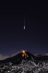 Scenic view of snowcapped mountains against sky at night