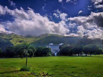 Scenic view of grassy field against cloudy sky