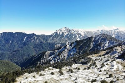 Scenic view of snowcapped mountains against clear blue sky