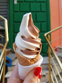 Close-up of hand holding ice cream cone