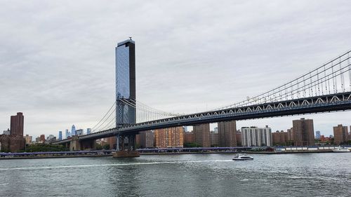 Bridge over river with city in background