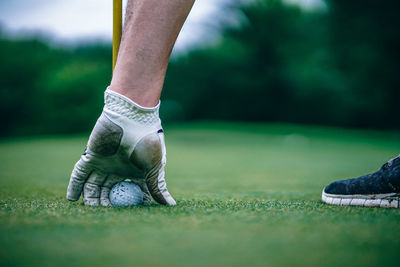 Low section of man wearing shoes on grass