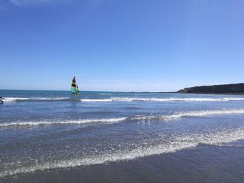 Scenic view of sea against clear blue sky