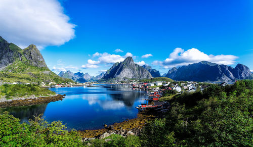 Scenic view of reine village and multiple fjords on the background 