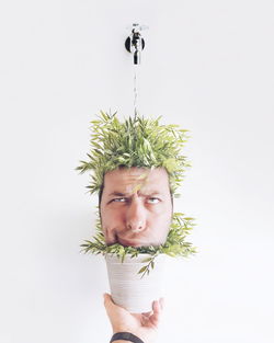 Digital composite image of man in potted plant against white background