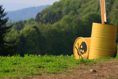 Close-up of yellow road on field