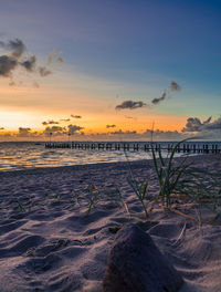 Scenic view of beach against sky during sunset