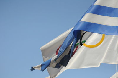 Low angle view of flag against clear blue sky