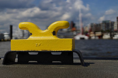 Close up of a cleat in against cityscape of hamburg