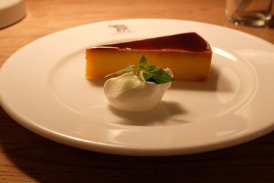 High angle view of dessert in plate on table