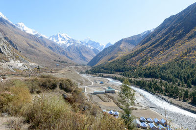 Chitkul village on banks of baspa river gangotri valley and snow clad high mountain passes. sangla