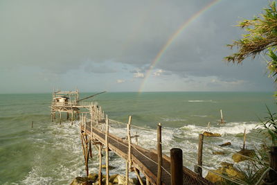 Scenic view of rainbow over sea against sky