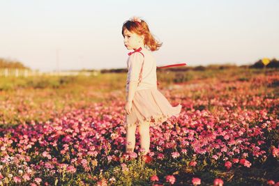 Cute girl standing amidst pink flowers on land