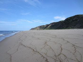 Scenic view of beach against blue sky