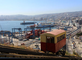 High angle view of commercial dock against sky
