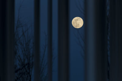 Low angle view of moon against sky at night between white pilons