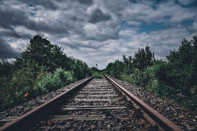 View of railroad tracks against cloudy sky