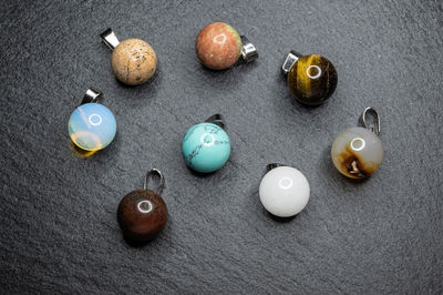 High angle view of multi colored balls on table