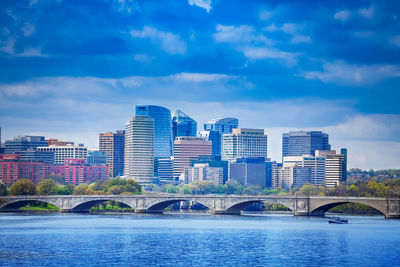 Bridge over river by buildings against blue sky