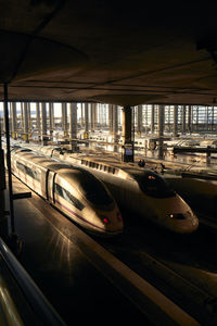 Modern trains riding near platform under roof on dark station in evening in city