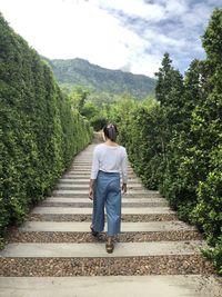 Rear view of woman walking on staircase