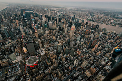 High angle view of modern buildings in city